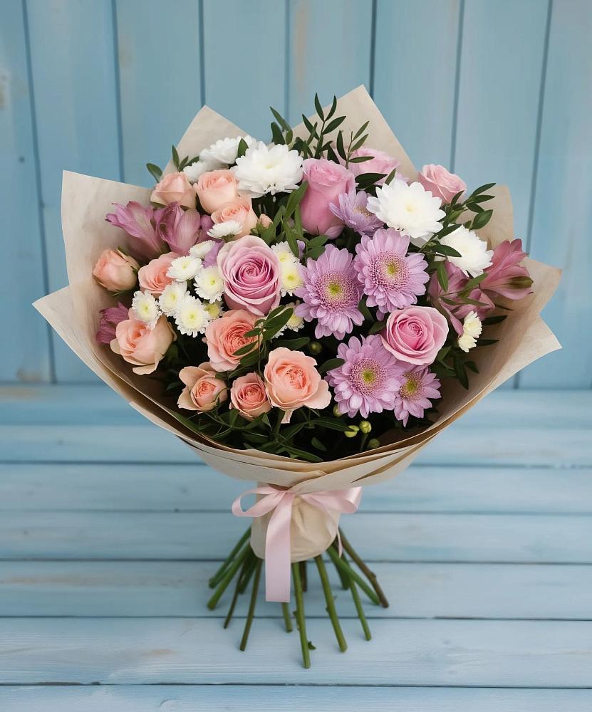 Букет цветов из: Хризантемы, Розы и Альстромерии в Свече