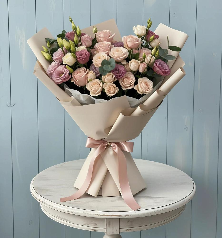 Букет цветов из: Розы и Лизиантусы в Свече