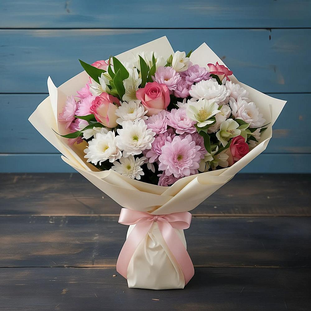 Букет цветов из: Хризантемы, Альстромерии и Розы в Свече